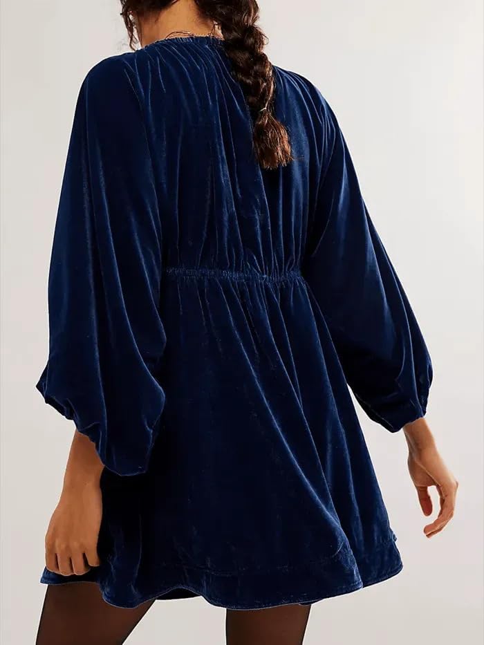 Women's Velvet Dress V Neck Casual Long Puff Sleeve Cocktail Velour Mini Dress Semi Formal Holiday Party Dress - Image 3