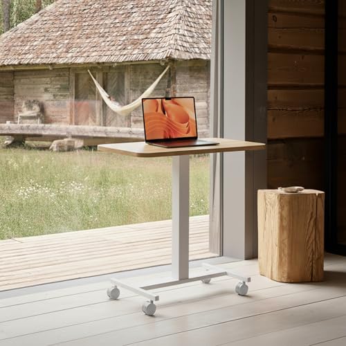 Image of HUANUO Small Rolling Laptop Standing Desk, Height Adjustable Mobile T-Base Desk with Lockable Casters, Portable Sit-Stand Workstation for Bedside & Sofa, Light Walunt