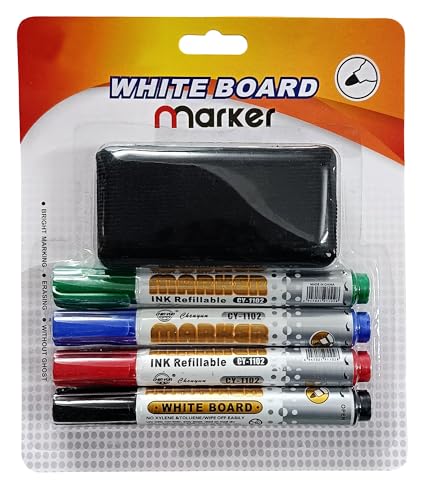 Image of AccuPrints Whiteboard Markers | Set Of 4 Markers And 1 Duster | 4 Assorted Ink Colours | Bold Point Marker Pens With Easily Refillable And Erasable Ink (Big Duster Set) (A3P9)