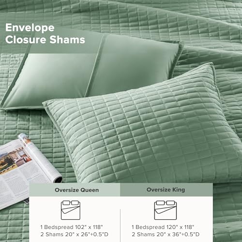 Comfort Spaces Sage Green Oversized King Quilt Set 120"x118" Bedspread Quilted Summer Lightweight Microfiber Bedding Coverlet with Double Sided Stitching Soft All Season 3 Piece with Matching Shams