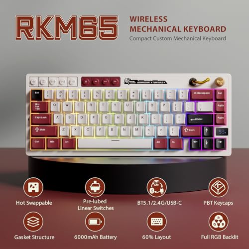 Image of RK ROYAL KLUDGE M65 Wireless Mechanical Keyboard with Volume Knob, 60% Tri-Mode Gaming Keyboard 2.4G /BT /USB-C, Gasket Mount, Battery Display, PBT Keycaps, Hot-Swappable Cream Switch, White