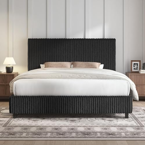 Image of AMERLIFE Full Bed Frame, Upholstered Metal Platform Bed with Vertical Channel Tufted Headboard, Soft Fabric & Strong Metal Slats, Noise-Free /Easy Assembly, Black Full Upholstered Bed and Headboard