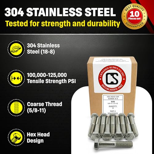 Image of Chenango Supply 5 /8-11 x 3-1 /2 inch Stainless Steel Hex Head Bolts - 304 Stainless, USS Coarse Thread, 100,000-125,000 PSI Tensile Strength, Corrosion-Resistant Hardware Bolts, (10 Pieces, 5 /8-11 x 3.5)