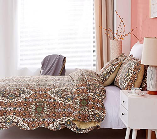 Dada Bedding Earthy Cross Motif Folk Bedspread - Cozy Arabian Moroccan Ogee Rustic Antique Style Quilted Coverlet Set - Scalloped Edges Warm Tones Burnt Orange Brown Olive Green - King - 3-Pieces #TOP2