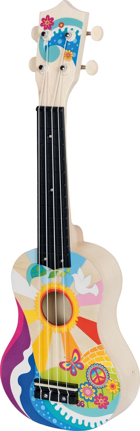 goki 61847 Ukulélé Flower Power - Ukulélé en Bois pour Enfant - 53 cm - 4 Cordes - Style rétro des années 60 - avec médiator et Cordes de Rechange - Instrument d'apprentissage coloré idéal pour Les
