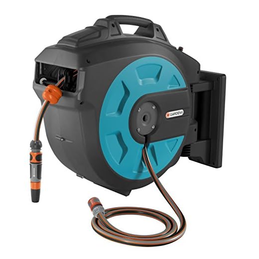GARDENA slanghållare för väggmontering 35 roll-up automatic: Vridbar slanghållare, 35 m GARDENA kvalitetsslang, korta låsstopp, inkl. vägghållare, systemdelar och munstycke (8024-20)