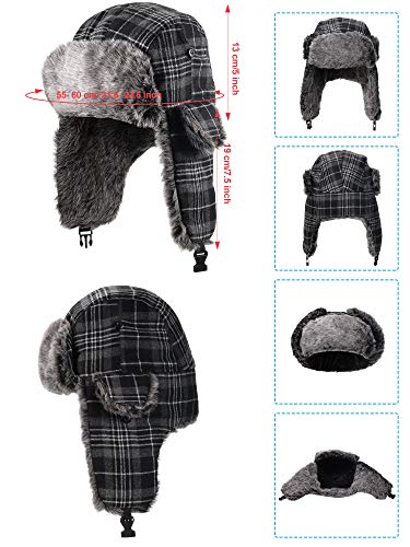 Satinior Unisex Trapper Hat Faux Fur Plaid Earflaps Hat With Chin Strap Winter Hunting Hats Warm Lining Hat For Women Men (Black Grey Plaid) #TOP2