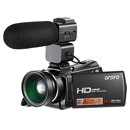 Video Camera Camcorder,Ordro V7 Plus Digital Camera Recorder with Microphone HD 1080P 24MP