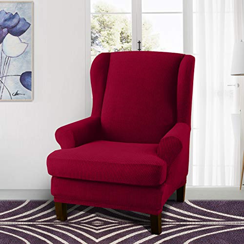 Granbest Premium Water Repellent Wingback Chair Cover 2-Piece High Stretch Jacquard Fabric Wing Back Chair Slipcovers (Wing Chair Cover, Wine Red) #TOP1