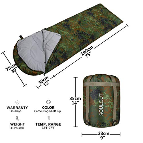 Envelope Sleeping Bag - 4 Seasons Warm Cold Weather Lightweight, Portable, Waterproof Sleeping Bag with Compression Sack for Adults & Kids - Indoor & Outdoor: Camping, Backpacking (Army Green) - Thumbnail 4