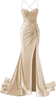 Mermaid Spaghetti Strap Prom Dresses for Women Satin Lace Applique Ruched Evening Party Gown with Slit CY150 - Buy now