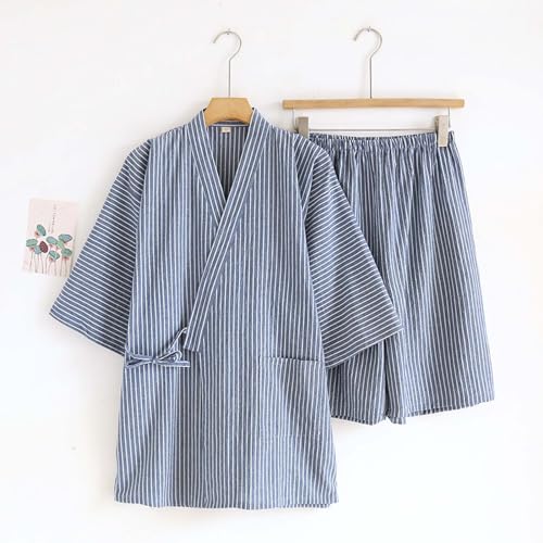 Classical Traditional Japanese Style Pajamas, Stylish Cotton Bathrobe Kimono Pajamas Casual Clothes for Men and Women, Blue Stripe2