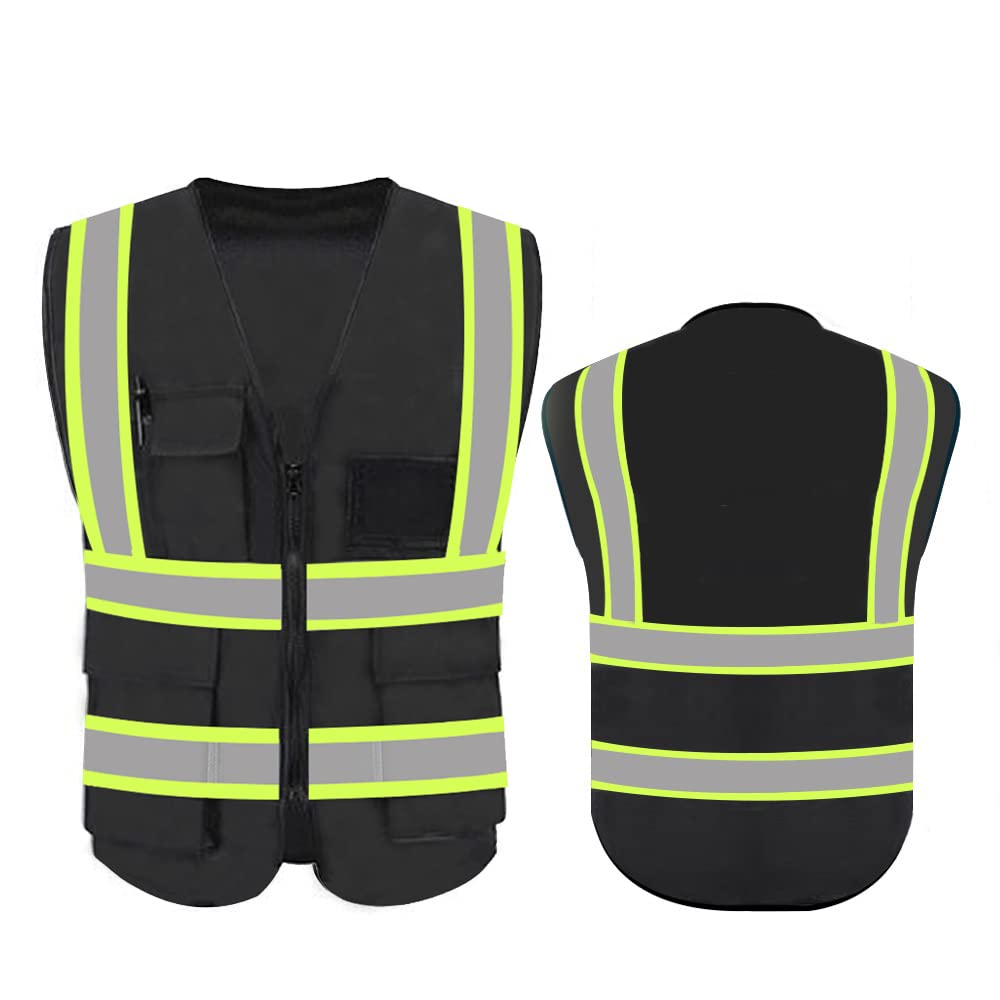 YOWESHOPHigh Reflective Visibility Safety Vest Protective Safety Workwear with Reflective Strips and Front Zipper (Black(Green Webbing)-XXXLarge)