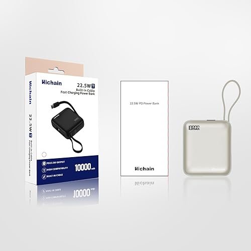 Miniatura 8 de Hichain Cargador portátil de batería, batería esencial de viaje de 10000 mAh, 22.5 W, con cables USB C integrados, cargador de teléfono mini de