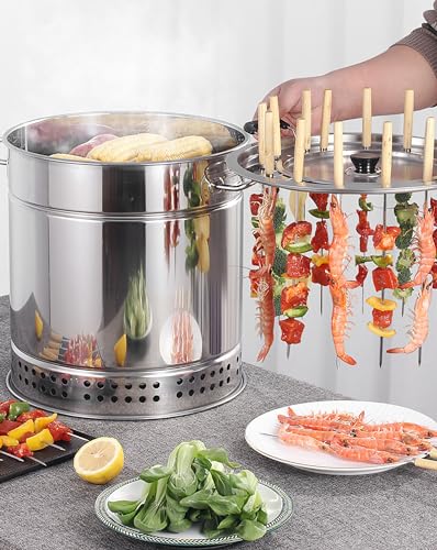 GFHVDC Charcoal BBQ Hanging Stove,Stainless Steel BBQ Grill Mesh Barrel with Kabob Skewers, Rolling Grilling Basket, Camping Barbecue Rack for Vegetables and Meat Carbon barbecue,20 strings