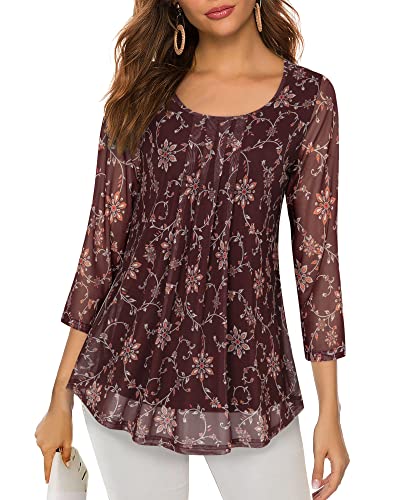 Valolia Work Tops For Women Chiffon, Cute Womens Tops Work Casual Fashion Clothing 2022 Loose Fit Flattering Tunics Fall Blouse With Sleeve Scoop Neck Pleated Hem Mesh Tunics For Women Dark Red Large #TOP1