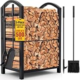 Best Firewood Racks Reviews AMAGABELI GARDEN & HOME Firewood Rack Indoor with Tools 5-Piece Fireplace Tools Set Wood Holder Outdoor Wrought Iron Log Holder Heavy Duty Firewood Storage Rack for Fireplace,Fire Pit,Wood Stove Black