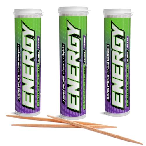 Image of Xero Picks Energy Caffeine Flavored Toothpicks B12 for Focus & B6, 60 Picks (Pack of 3) (Grape) Sugar-Free Alternative to Energy Mints & Gum - Kosher