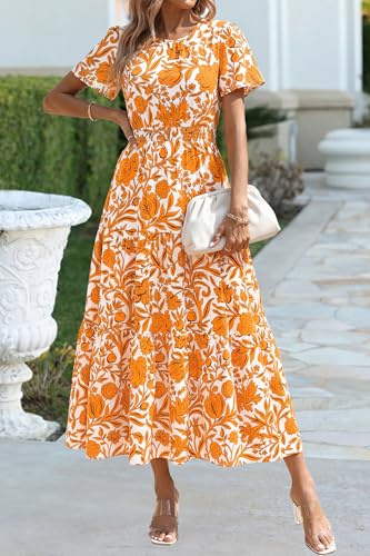 Image of PRETTYGARDEN Women's Casual Smocked Boho Floral A-Line Maxi Dress 2026 | Summer Short Flutter Sleeve Crewneck Tiered Long Sundress,Fall Wedding Guest Dresses,Spring Cute Flowy Beach Vacation Clothes