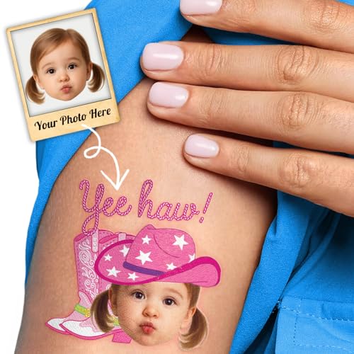 Image of Custom Cowgirl Temporary Tattoos for Kids | Personalized Pre-Cut Face Photo, Birthday Party Favors for Girls, Set of 20, Unique Celebration Gifts