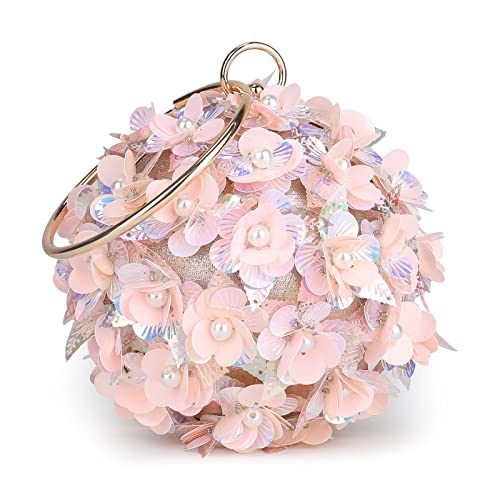 Selighting Round Ball Floral Clutch Purses For Women Evening Bag Formal Beaded Wedding Bridal Handbag Ladies Prom Party Purse Pink #TOP5