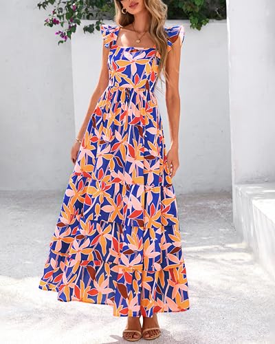 dowerme Summer Dresses for Women 2026 Casual Ruffle Smocked Tiered A-Line Boho Floral Maxi Beach Sun Dress with Pockets(Blue Orange Flower,Small) — view 3