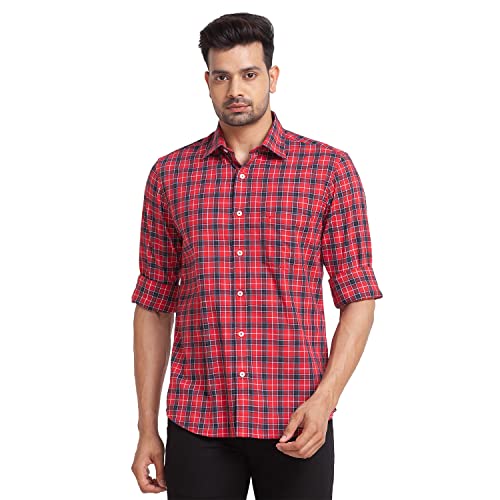 Image of Colorplus Red Checks Tailored Fit Casual Shirts for Men