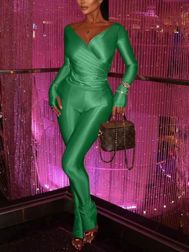 acelyn 2 Piece Outfits for Women Sexy Off Shoulder Tops Bodycon Flared Pant Sets Club Outfits Tracksuit Light Green XL