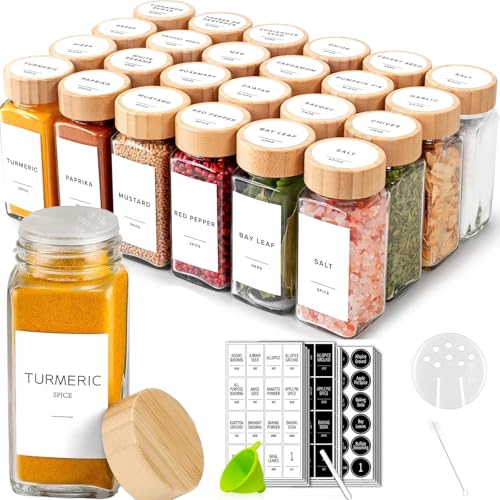 12 Pcs Glass Spice Jars with Bamboo Lids 4oz Airtight Square Spice Containers with 250 Labels Stickers Shaker Lids Collapsible Funnel Chalk Pen Seasoning Organizer for Kitchen Cabinet Spice Rack