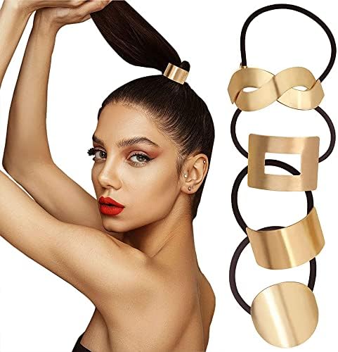 4Pieces Ponytail Hair Cuff Metal Circle Horsetail Retainer Elastic Hair Rope Hair Ties Accessories for Women Girls,4 Style (Gold)