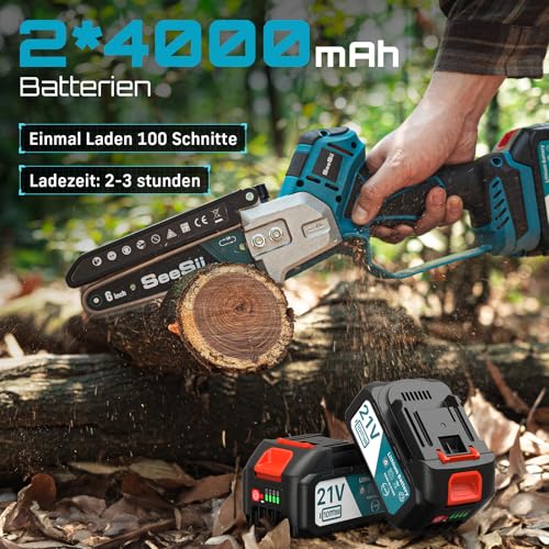 Seesii Mini-kettingzaag 8000 mAh, 6 inch borstelloze kettingzaag met 2 x 4000 mAh accu's, handkettingzaag met automatisch pompoliesysteem, geschikt voor outdoor en tuinwerk. - Afbeelding 6