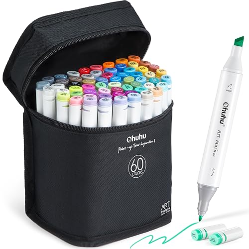 Ohuhu Alcohol Markers - Double Tipped Art Marker Set for Artist Adults' Coloring Sketching Illustration - 60 Colors - Chisel & Fine Dual Tips - Refillable Ink - Oahu Series of Ohuhu Markers