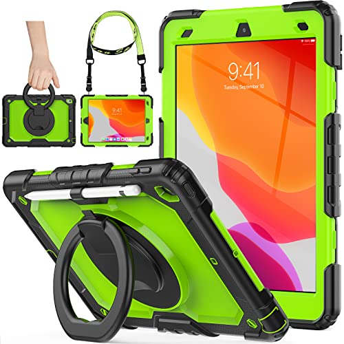 SEYMAC stock Case for iPad 9th/8th/7th Generation 10.2" Screen Protector Case with 360Â° Rotating 180Â° Folding Ring, Pencil Holder, Strap Drop-Proof Case for iPad 9th/8th/7th Gen 2021/2020/2019 (Green)