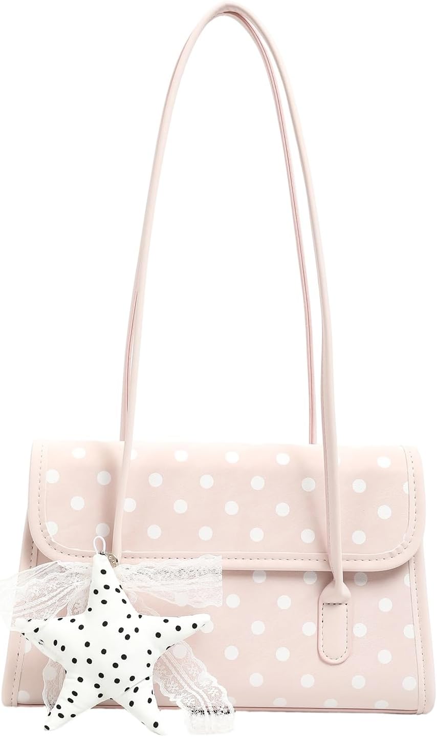 Women’s PU Leather Polka Dot Shoulder Bag with Star Lace Pendant, Magnetic Flip Handbag, Trendy Underarm Purse for Travel & S