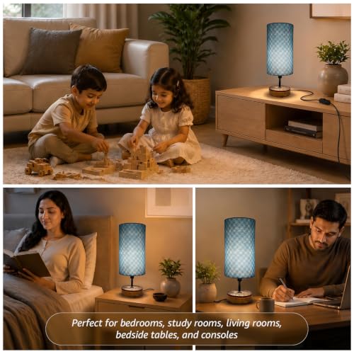 Image of Amazon Basics Bagru Indigo Table Lamp | Hand-Painted Mango Wood Base with Printed Polyester Shade | E14 Holder | Decorative Night Lamp for Bedroom, Living Room & Study Room | Home Decor Gift