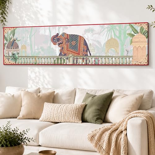 Image of Royal Indian Elephant Vastu Canvas Wall Art Painting For Living Room, Traditional Palace Scene Elephant Painting, Vintage Heritage Panoramic Garden Wall Art For Home & Office, 12x46 Inch
