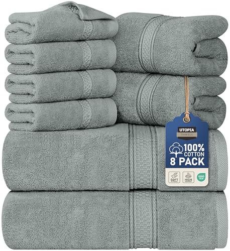 Utopia Towels 8 Piece Premium Towel Set, 2 Bath, 2 Hand, and 4 Wash Cloths, 600 GSM 100% Ring Spun Cotton, Highly Absorbent Towels for Bathroom, Gym, Hotel, and Spa, Cool Grey