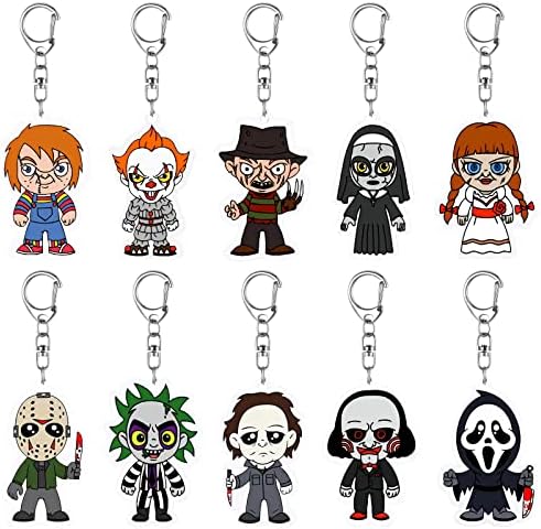 10 Packs Horror Classic Movie Characters Keychains Halloween Horror Keychains for Keys Wallets Backpack Scary Movies Figure Pendant Hanging Key Chain Decorations Horror Movie Gifts Merch for Men Women