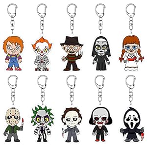 10 Packs Horror Classic Movie Characters Keychains Halloween Horror Keychains for Keys Wallets Backpack Scary Movies Figure Pendant Hanging Key Chain Decorations Horror Movie Gifts Merch for Men Women
