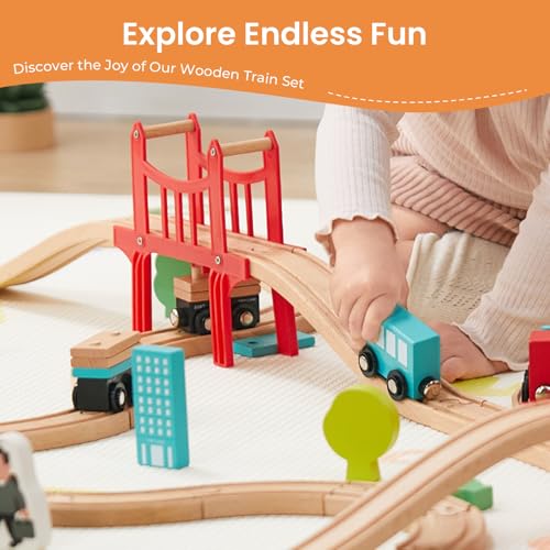 tiny land wooden train set for toddler - 39 pcs- with wooden tracks compatible with major brands - expandable changeable-train toy for 3 4 5 years old girls amp boys