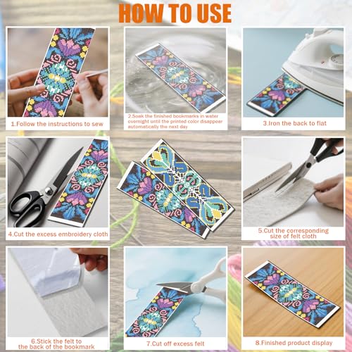 Image of FREEBLOSS 6 Set Cross Stitch Bookmark Kit 11 CT Complete Stamped Cross Stitch Kit DIY Embroidery Bookmark Kits for Adult Beginners with Instructions, Retro Floral Pattern, 6 x 20 cm /8 inch x 2.4 inch