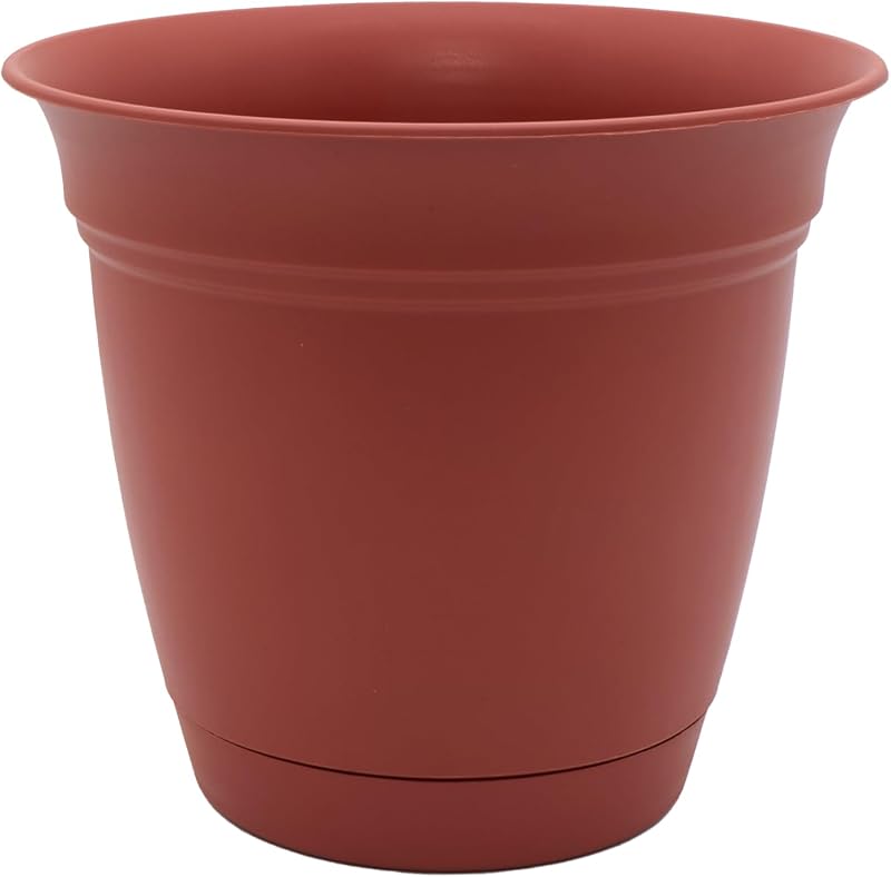 The HC Companies Eclipse Macetero redondo con platillo – Macetero para exteriores e interiores con agujeros de drenaje – Macetas de plástico ligeras y resistentes a los rayos UV para plantas, flores y hierbas (arcilla de 8 pulgadas, paquete de 1)