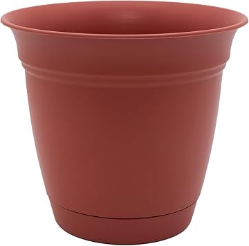 The HC Companies Eclipse Round Planter with Saucer - Outdoor & Indoor Plant Pot with Drainage Holes - Lightweight, UV-Resistant Plastic Pots for Plants, Flowers & Herbs 8" Clay, Pack of 1
