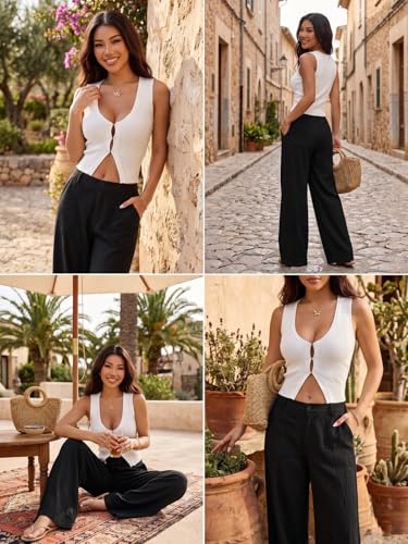 Image of GRECIILOOKS Beige Wide Leg Linen Trousers for Women | High Waist Cotton Baggy Korean Style Casual Pants | Comfortable Formal & Casual Women Trousers