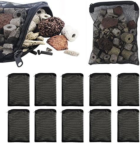 Only Lovuu 1mm Mesh Holes Aquarium Filter Bags, Fish Tank Media Mesh Bags with Plastic Zipper for Charcoal Media, Bio Balls, Ceramic Rings, Ammonia Remover (10 Pack, Large, Black)