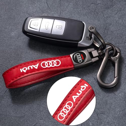 Image of leather car keychain set for Audi S3 A3 RS3 A4 A5 A6 A7 RS7 A8 Q3 Q5 Q7 R8 men and women family present keychain key ring lanyard accessories (Red)