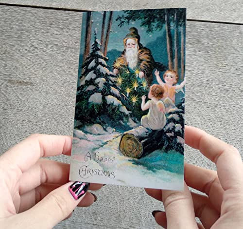Image of PIXILUV WINTER CHRISTMAS (Pack of 12) Notecards Small Greeting Cards # Wintery Christmas Scenes and Santa Claus ~ Vintage Christmas Postcards Reprint
