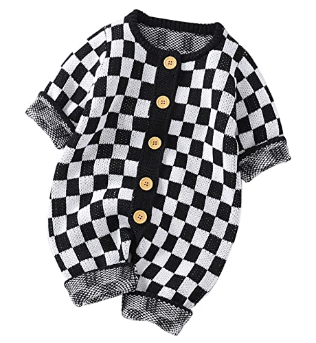 Image of Unisex Baby Girl Boy Knitted Romper Jumpsuit Checkerboard Plaid One Piece Button Down Sweater Playsuit Clothes