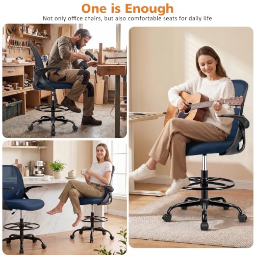 Image of Drafting Chair Tall Office Chair with Flip-up Armrests, Adjustable Height, Enhanced Lumbar Support Ergonomic Rolling Stool, Back Support, Adjustable Foot Rest Ring for Standing Desk Navy