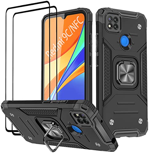 Cover Compatibile per Xiaomi Redmi 9C 9C Vetro Temperato 2 Pezzi TPU Silicone Rotazione 360° Magnete Anello Supporto Doppia Difesa Protezione Custodia - Nero